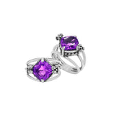 Handmade sterling silver Amethyst Quartz ring with floral details and split shank, artisan Bali jewelry.